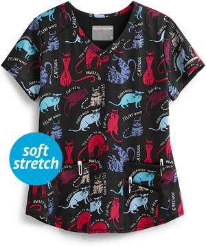 Skechers Essence Catitude Black Women's 3-Pocket V-Neck Print Scrub Top