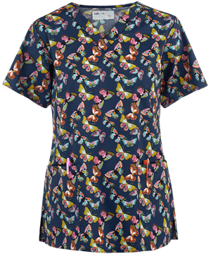 Tasha & Me Butterflies Women's 2-Pocket V-Neck Print Scrub Top 