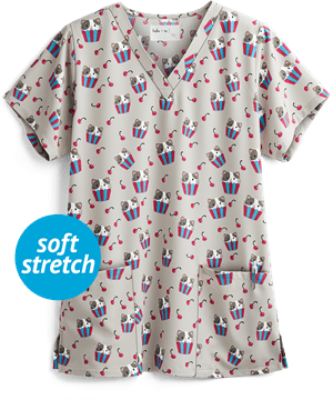 Tasha & Me Cherry Cats Women's 2-Pocket V-Neck Print Scrub Top