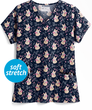 Tasha & Me Feminine Fox Women's 2-Pocket V-Neck Print Scrub Top
