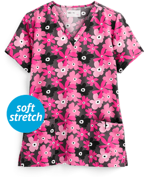 Tasha and Me Posie Pop Women's 2-Pocket V-Neck Print Scrub Top