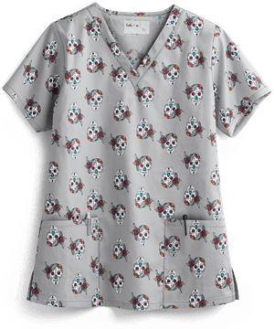 Tasha & Me Sugar Skulls Women's 2-Pocket V-Neck Print Scrub Top
