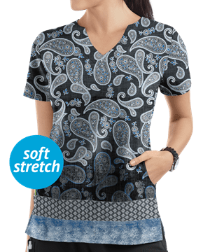 UA Paisley Black Printed Women's 2-Pocket Scallop Neck Scrub Top