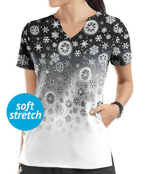  Butter-Soft Winter Horizon Black Printed Women's 2-Pocket Scallop Neck Scrub Top