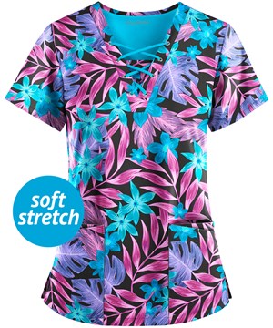 Easy STRETCH by Butter-Soft™ Floral Luau Black Printed Women's 4-Pocket Zipper Neck Scrub Top