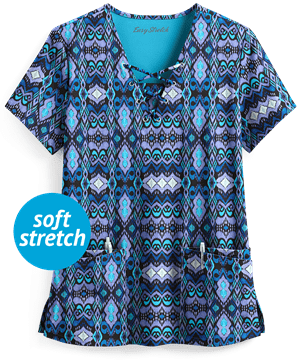 Easy STRETCH by Butter-Soft™ Whispering Ikat Onyx Black Printed Women's 4-Pocket V-Neck Scrub Top