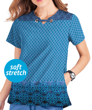 UA Butter-Soft STRETCH Tiled Motif Ceil Women's 2-Pocket Front Notch Print Scrub Top