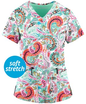 Easy STRETCH by Butter-Soft™ Charming Swirls Jade Mint Women's 2-Pocket V-Neck Print Scrub Top