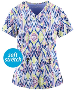 Easy STRETCH by Butter-Soft™ Enchanting Ikat White Printed Women's 2-Pocket V-Neck Scrub Top