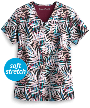 Easy STRETCH by Butter-Soft™ Falling Fronds Women's 2-Pocket V-Neck Print Scrub Top