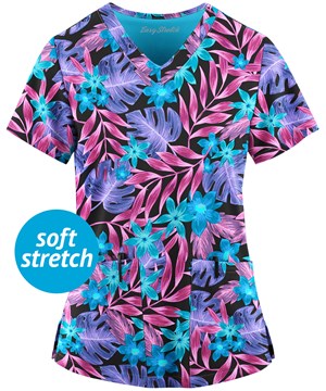 Easy STRETCH by Butter-Soft™ Spring Floral Pink Peony Women's 2-Pocket V-Neck Print Scrub Top