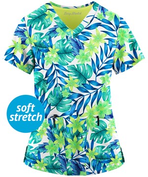 Easy STRETCH by Butter-Soft™ Floral Luau White Printed Women's 2-Pocket V-Neck Scrub Top