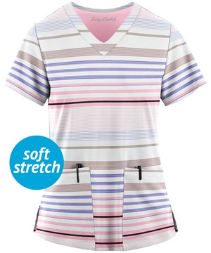 Easy STRETCH by Butter-Soft™ Stripe Me Pink Peony Women's 2-Pocket V-Neck Print Scrub Top