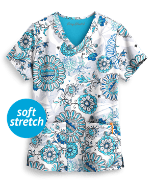 Easy STRETCH by Butter-Soft™ Neon Floral Women's 2-Pocket V-Neck Print Scrub Top