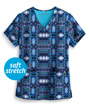 Easy STRETCH by Butter-Soft™ Whispering Ikat Women's 2-Pocket Print Scrub Top