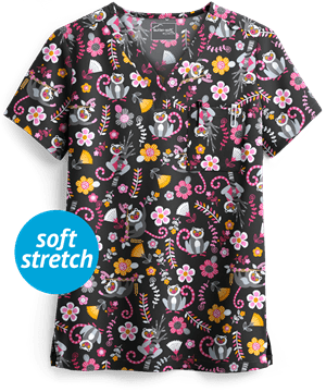 UA Butter-Soft STRETCH Lemur Love Black Printed Women's 1-Pocket V-Neck Scrub Top