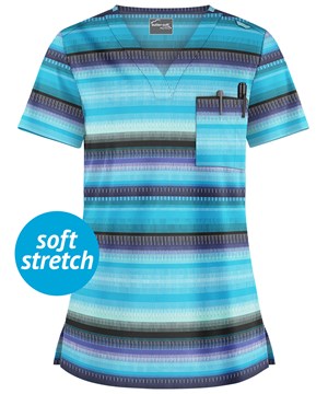 UA Butter-Soft STRETCH Reigning Stripes Turquoise Women's 1-Pocket V-Neck Print Scrub Top