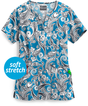 UA Persian Paisley Riviera Blue Women's 4-Pocket Notch-Neck Print Scrub Top