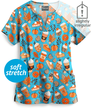 Butter-Soft Thanksgiving Celebration Womens 4-Pocket Notch Print Scrub Top **Slightly IRREGULAR**