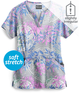 Butter-Soft Watercolor Tapestry Silver Women's 4-Pocket Notch Print Scrub Top **Slightly IRREGULAR**