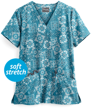UA Butter-Soft STRETCH Bandana Paisley Harbor Blue Women's 2-Pocket V-Neck Print Scrub Top