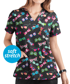 UA Butter-Soft STRETCH Sunglasses Black Printed Women's 2-Pocket V-Neck Scrub Top