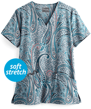 UA Butter-Soft STRETCH Floral Paisley Silver Women's 2-Pocket V-Neck Print Scrub Top