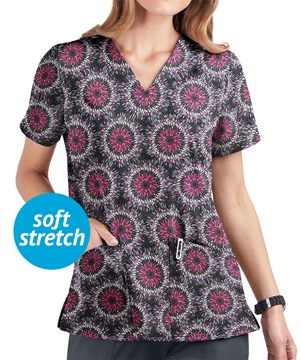 UA Butter-Soft STRETCH Splash of Geo Pewter Women's 2-Pocket V-Neck Print Scrub Top
