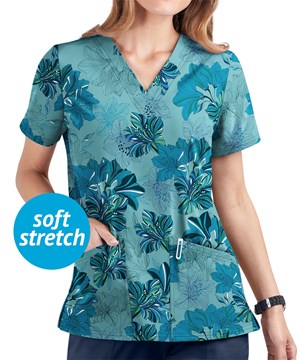 UA Butter-Soft STRETCH Garden Lilies Aqua Moon Women's 2-Pocket V-Neck Print Scrub Top