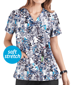 UA Butter-Soft STRETCH Hologram Garden Silver Women's 2-Pocket V-Neck Print Scrub Top