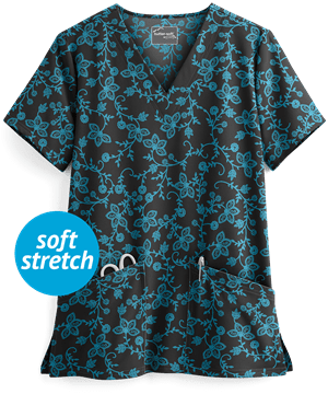 UA Butter-Soft STRETCH Floral Vines Black Printed Women's 2-Pocket V-Neck Scrub Top