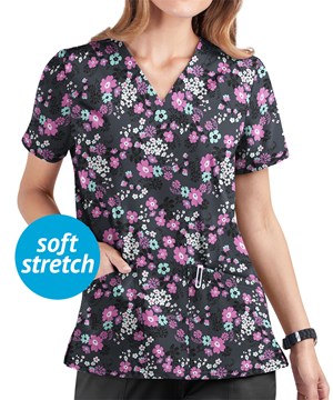 UA Butter-Soft STRETCH Whispering Floral Rosebud Women's 2-Pocket V-Neck Print Scrub Top