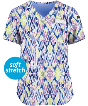 Easy STRETCH by Butter-Soft™ Enchanting Ikat White Printed Women's 1-Pocket Tuck-In Scrub Top