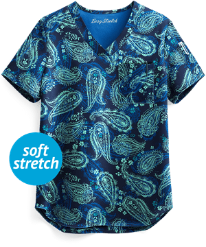 Easy STRETCH by Butter-Soft™ Passion Paisley Navy Chloe Women's 2-Pocket One Tuck-In Print Scrub Top