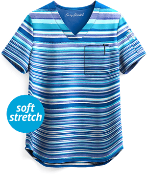 Easy STRETCH by Butter-Soft™ Sunset Watercolor Stripe Chloe Women's 2-Pocket Tuck-In Print Scrub Top
