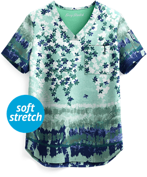 Easy STRETCH by Butter-Soft Watercolor Floral Sea Jade Chloe Women's 2-Pocket V-Neck Print Scrub Top