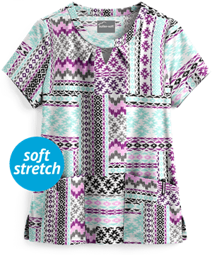 Butter-Soft Boho Patchwork White Printed Women's 2-Pocket Key-Hole Neck Detailed Scrub Top