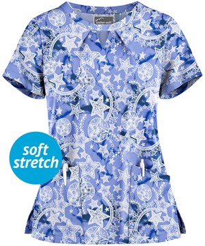 Butter-Soft Cosmic Stars Ceil Women's 2-Pocket Key-Hole Neck Detailed Print Scrub Top