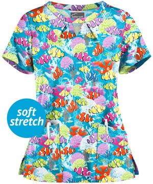 Butter-Soft Dazzling Reef Turquoise Women's 2-Pocket Key-Hole Neck Detailed Print Scrub Top