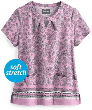 Butter-Soft Garden Paisley Light Thistle Women's 2-Pocket Key-Hole Neck Detailed Print Scrub Top