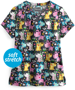 Butter-Soft Smart Pups Pewter Women's 2-Pocket Key-Hole Neck Detailed Print Scrub Top