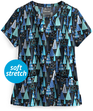Butter-Soft Wintertime Black Printed Women's 2-Pocket Key-Hole Neck Detailed Scrub Top