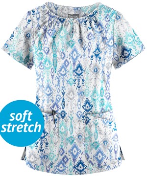 UA Butter-Soft STRETCH Cascading Ikat Amparo Blue Women's 6-Pocket Peasant Style Print Scrub Top