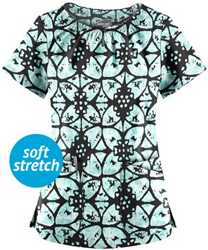 UA Butter-Soft STRETCH Desert Rose Black Printed Women's 6-Pocket Peasant Style Scrub Top