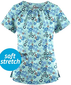 UA Butter-Soft STRETCH Petite Floral Aqua Moon Women's 6-Pocket Peasant Style Print Scrub Top