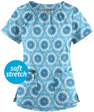 UA Butter-Soft STRETCH Splash of Geo Aqua Moon Women's 6-Pocket Peasant Style Print Scrub Top