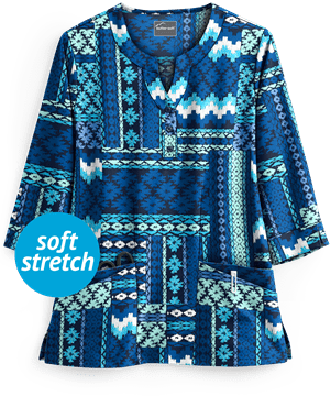 Butter-Soft Boho Patchwork Navy 4-Pocket 3/4 Sleeve Print Scrub Top
