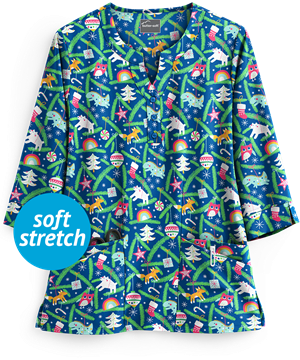 Butter-Soft Happy Ornaments Royal Women's 4-Pocket 3/4 Sleeve Print Scrub Top