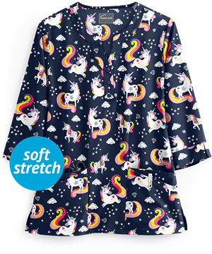 Butter-Soft Unicorn Dance Navy Women's 4-Pocket 3/4 Sleeve Print Scrub Top