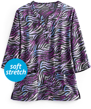 Butter-Soft Watercolor Zebra Black Printed Women's 4-Pocket 3/4 Sleeve Scrub Top